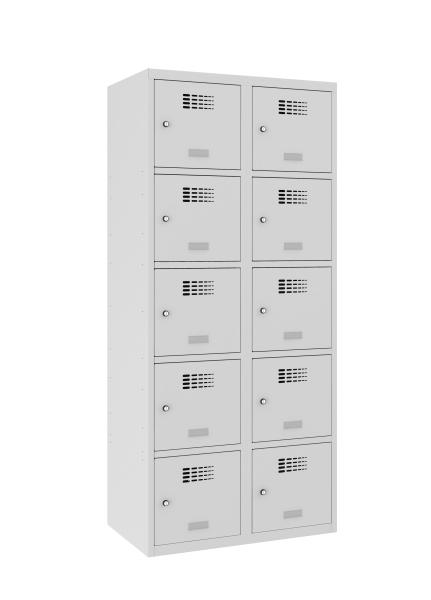 Ein lichtgrauer Fächerschrank mit zwei Abteilen und zehn Fächern mit jeweils einer Tür. Alle Türen sind geschlossen. Der Schrank steht vor einem weißen Hintergrund.